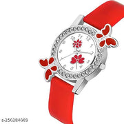 Analogue Butterfly Dimond Studded Flower Design Dial PU Strap Analog Girl's and Women's Watch