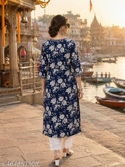 Women Rayon Printed V - Neck Straight  Kurti | Blue Straight Kurta For Women | Kurti For Women | Single Kurti For Women | Kurta For Jeans | Women Kurta | Kurta Under 299 | Kurti |Daily Wear Kurta