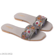 Women's Premium Floral Embroidered Toe Ring Flats for Women | Designer Open Toe Slip-On Casual & Party Wear Footwear
