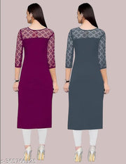 Pack of 1 Casual American Crepe And Net Round-Neck 3/4 Length Sleeves Wine & Grey Kurti (42"Inches)
