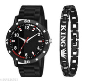 New AeviyoCase Black Pata Dial Black NEW PU Strap With King Bracelet Watch For Men,Boys