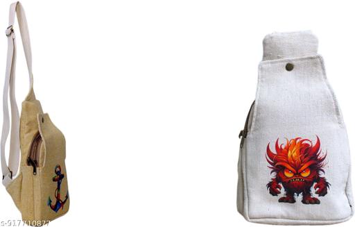 Beige & White Canvas Sling Bag for Women & Men | Anchor & Fire Monster Printed Crossbody Shoulder Bag | Adjustable Strap Casual Travel College Office Multipocket Messenger Bag