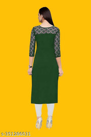 Casual American Crepe And Net Round-Neck 3/4 Length Sleeves Dark Green Kurti (45"Inches)