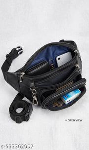 I A F Bags Waist Bag, I A F Bags Waist Pouch. IAF Bags Waist Bag for Men | Black Leatherette Fanny Pack | Chest Bag with 4 Zips | Travel Pouch. 2.Pu Leather Waist Pouch for Men | Black Fanny Pack Chest Bag | Travel Bag for Phone & Cash