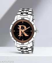 Welix Analog Round Black Dial ALPHABET R Design Stylish Silver Stainless Steel Strap Classic Design Fancy Wrist Watch for Men and Boys, Pack of 1 - ALPHA-R-AVO-SIL-STL