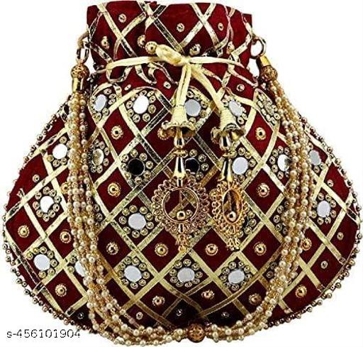 Designer Maroon Potli Bags for Ladies for Wedding Parties Mirror Embellished Embroidered Bag for Women