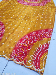 Mustard Yellow & Red Silk Bandhani Saree with Mirror Work Border and Matching Blouse Piece
