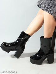 KLIEV PARIS Bold and Breezy Black Patent Leather Ankle Length Heeled Boots for Women & Girls
