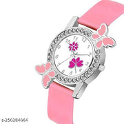 Analogue Butterfly Dimond Studded Flower Design Dial PU Strap Analog Girl's and Women's Watch