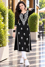 Vedant  Womens Hand Embroidered Lucknowi Chikankari Rayon Kurta-Black