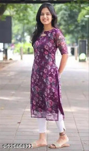 Organza Flower Purple  print kurtis with A-Line Kurtis, Short Sleeve, Organza Fabric Best design