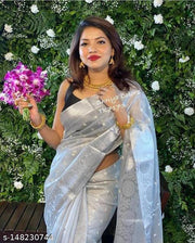BANARASI ALL OVER TISSUE SILK FANCY SILVER EMBROIDERED PARTY WEDDING WEAR SAREE