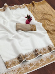 Top trending latest simple plain party wear/wedding Women's Jacquard Weaving Plain White Cotton Silk Saree with Beige Thread Border | Elegant Traditional Ethnic Wear Saree