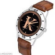 Natrix Analog Round Black Dial ALPHABET K Design Stylish Brown Leather Strap Classic Design Fancy Wrist Watch for Men and Boys, Pack of 1 - ALPHA-K-AVO-SIL-DBRW-CRL