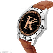 Natrix Analog Round Black Dial ALPHABET K Design Stylish Beige Leather Strap Classic Design Fancy Wrist Watch for Men and Boys, Pack of 1 - ALPHA-K-AVO-SIL-TAN-CRL