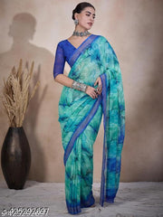 Dori Sarees Sky Blue Chiffon Saree sari For Woman With Blouse Piece