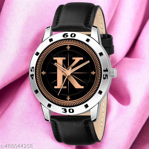 Welix Analog Round Black Dial ALPHABET K Design Stylish Black Leather Strap Classic Design Fancy Wrist Watch for Men and Boys, Pack of 1 - ALPHA-K-AVO-SIL-BLK-L