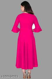 Stylis Fit and Flared New Fashionable Women Casual Solid Round Neck Anarkali Rayon Kurta (Pink)