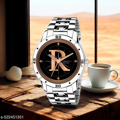 MAVIA WATCHESAnalog Round silver Dial ALPHABET R Design Stylish silver Strap Classic Design Fancy Watch for Men and Boys, Pack of 1 ALPHABET R-AVO-SIL-STL-1