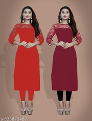Casual American Crepe And Rasal Net Round Neck 3/4 Sleeves Stylish Pack Of 2 Kurtis For Womans (45"Inches)
