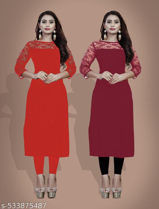 Casual American Crepe And Rasal Net Round Neck 3/4 Sleeves Stylish Pack Of 2 Kurtis For Womans (45"Inches)