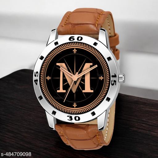 Talgo Analog Round Black Dial ALPHABET M Design Stylish Beige Leather Strap Classic Design Fancy Wrist Watch for Men and Boys, Pack of 1 - ALP-M-AVO-SIL-TAN-CRL