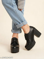 STRASSE PARIS | Women's Black Synthetic Low-Cut Lace-Up Platform Chunky Block Heel Boots | Below The Ankle Casual & Party Wear Boots for Girls