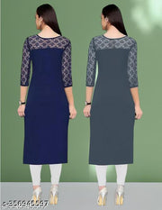 Polyster/Crepe fabric-Pack of 1 Casual And Round-Neck 3/4 Length Sleeves Navy Blue & Grey Kurti (42"Inches)