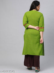 Akiko Women's Plus Size Cotton Slub Regular Straight Kurta (Green)