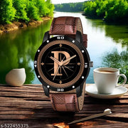 MAVIA WATCHESAnalog Round black Dial ALPHABET P Design Stylish brown Strap Classic Design Fancy Watch for Men and Boys, Pack of 1 ALPHABET P-AVO-BLK-BRW-CHL-1