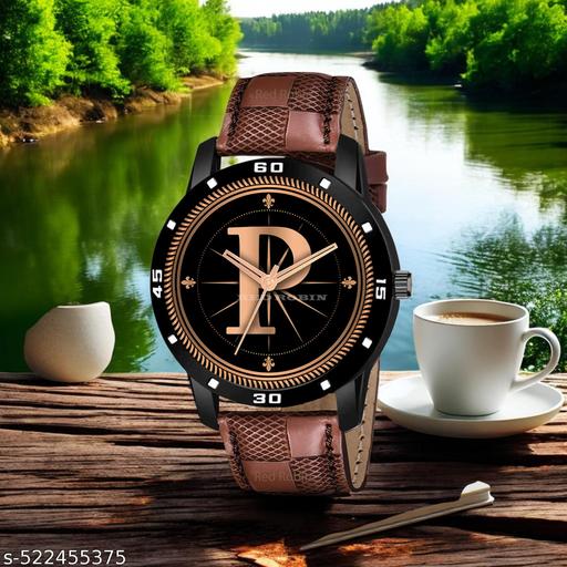 MAVIA WATCHESAnalog Round black Dial ALPHABET P Design Stylish brown Strap Classic Design Fancy Watch for Men and Boys, Pack of 1 ALPHABET P-AVO-BLK-BRW-CHL-1