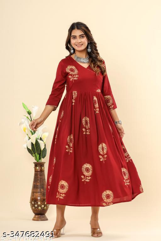 Women Floral Print Viscose Rayon Angrakha Kurta (RED)