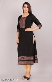 Rayon Urban365 Premium Straight Kurti/pom-pom-Solid Design Kurtis for Women(Black)