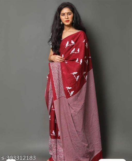Jaipuri Hand Block Printed Soft Cotton Mulmul Saree ,latest cotton mulmul saree,Sanganeri Cotton Malmal Saree, Bagru Cotton Saree, Batic / Batik Print Cotton saree In Super Fine 92*80 Fabric Quality With Attached Blouse Piece for Woman