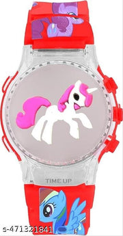 Digital Dial Glowing Light Cartoon Rotating Cap Cartoon Printed Strap Colorful Kids Watch for Girls & Boys