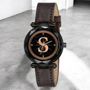 Krolexe Analog Round Black Dial ALPHABET S Design Stylish Brown Leather Strap Classic Design Fancy Wrist Watch for Women and Girls, Pack of 1 - ALP-S-GEN-BK-BRW-CUTL