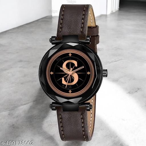 Krolexe Analog Round Black Dial ALPHABET S Design Stylish Brown Leather Strap Classic Design Fancy Wrist Watch for Women and Girls, Pack of 1 - ALP-S-GEN-BK-BRW-CUTL