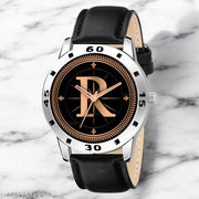 Krolexe Analog Round Black Dial ALPHABET R Design Stylish Black Leather Strap Classic Design Fancy Wrist Watch for Men and Boys, Pack of 1 - ALP-R-AVO-SIL-BLK-L