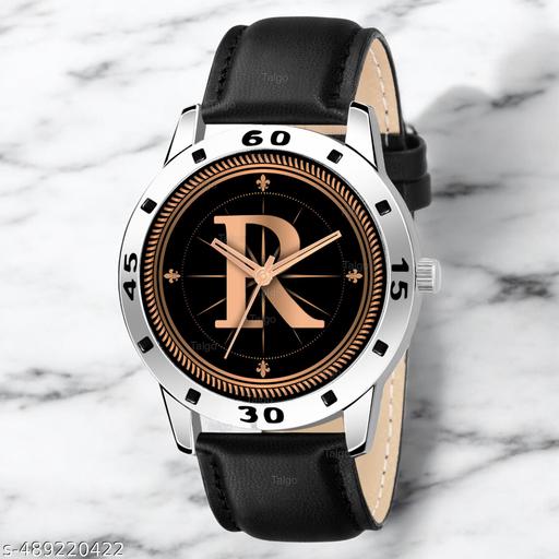 Krolexe Analog Round Black Dial ALPHABET R Design Stylish Black Leather Strap Classic Design Fancy Wrist Watch for Men and Boys, Pack of 1 - ALP-R-AVO-SIL-BLK-L