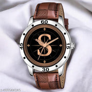 Welix Analog Round Black Dial ALPHABET S Design Stylish Brown Leather Strap Classic Design Fancy Wrist Watch for Men and Boys, Pack of 1 - ALPHA-S-AVO-SIL-BRW-CHL