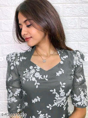 Grey Organza Embroidery Kurtis