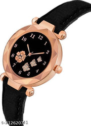 Flower Butterfly Design Dial Pink Lather Strap Woman Analog Watch