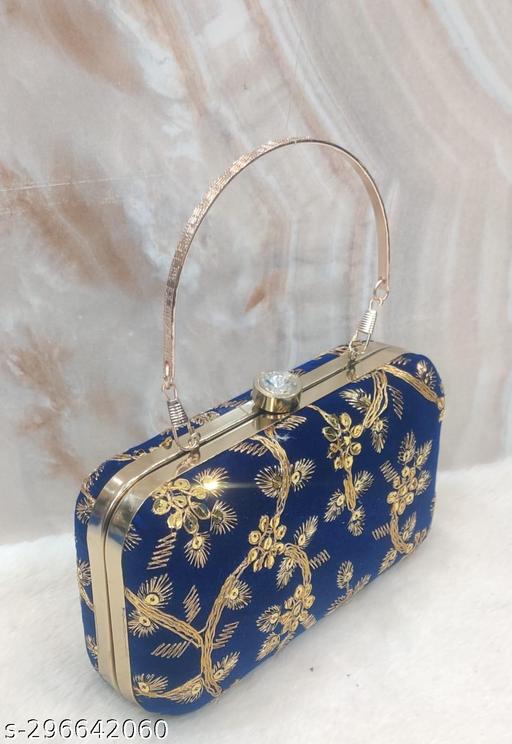 Party Velvet Clutch for Women Trendy Blue Color Box Clutch with Handle Dulhan purse Bridal Clutch