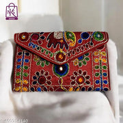 NAKASA Women's Jaipuri Handmade Damru Embroidery Small Red Clutch Cum Sling Bag