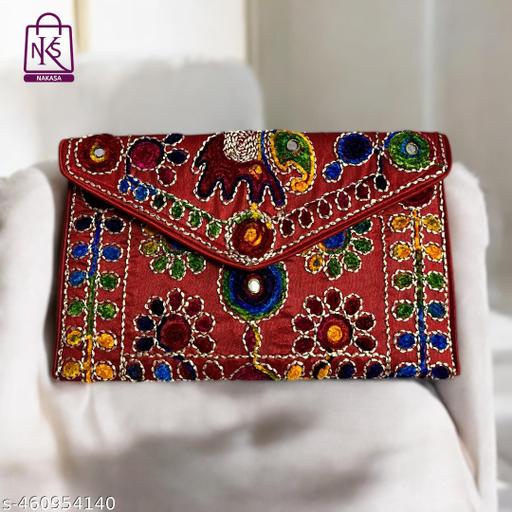 NAKASA Women's Jaipuri Handmade Damru Embroidery Small Red Clutch Cum Sling Bag