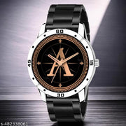 Natrix Analog Round Black Dial ALPHABET A Design Stylish Black Silicone Strap Classic Design Fancy Wrist Watch for Men and Boys, Pack of 1 - ALPHA-A-AVO-SIL-CDBLK