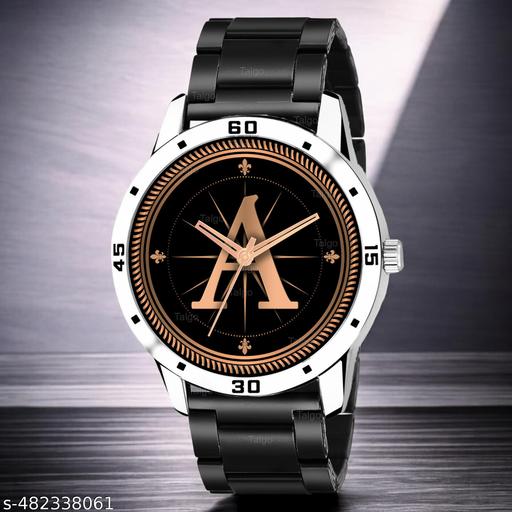 Natrix Analog Round Black Dial ALPHABET A Design Stylish Black Silicone Strap Classic Design Fancy Wrist Watch for Men and Boys, Pack of 1 - ALPHA-A-AVO-SIL-CDBLK
