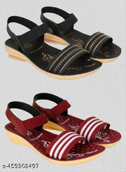 Hiyaga Red and Black Sandals for Women and Girls Pack of 2