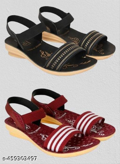 Hiyaga Red and Black Sandals for Women and Girls Pack of 2