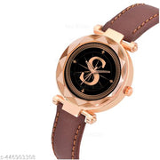 Skoal Analog Round Black Dial ALPHABET S Design Stylish Brown Leather Strap Classic Design Fancy Wrist Watch for Women and Girls, Pack of 1 - ALPHA-S-GEN-RG-BRW-L